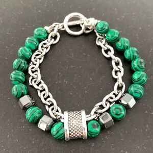 Men’s Malachite Green & Hematite Double Strand Beaded Bracelet with Chain